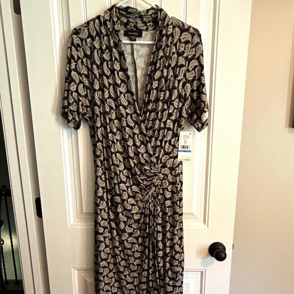 Karen Kane NWT Black White Leaf Wrap Midi Dress V-Neck Short Sleeve Stretch XL